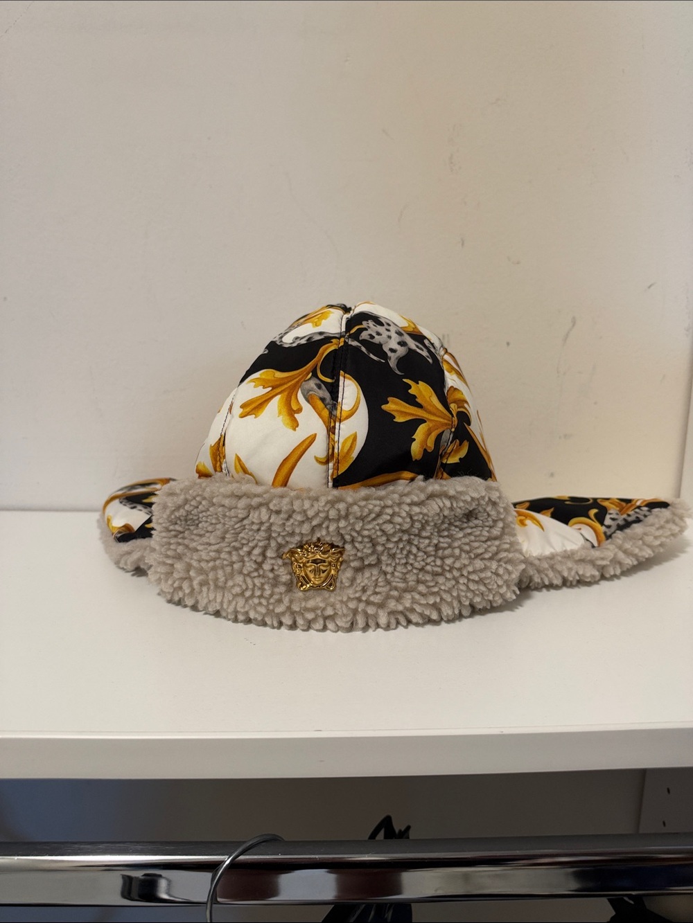 versace Kids Faux-Shearling Trapper Hat with Gold Medallion - Black/White/Yellow